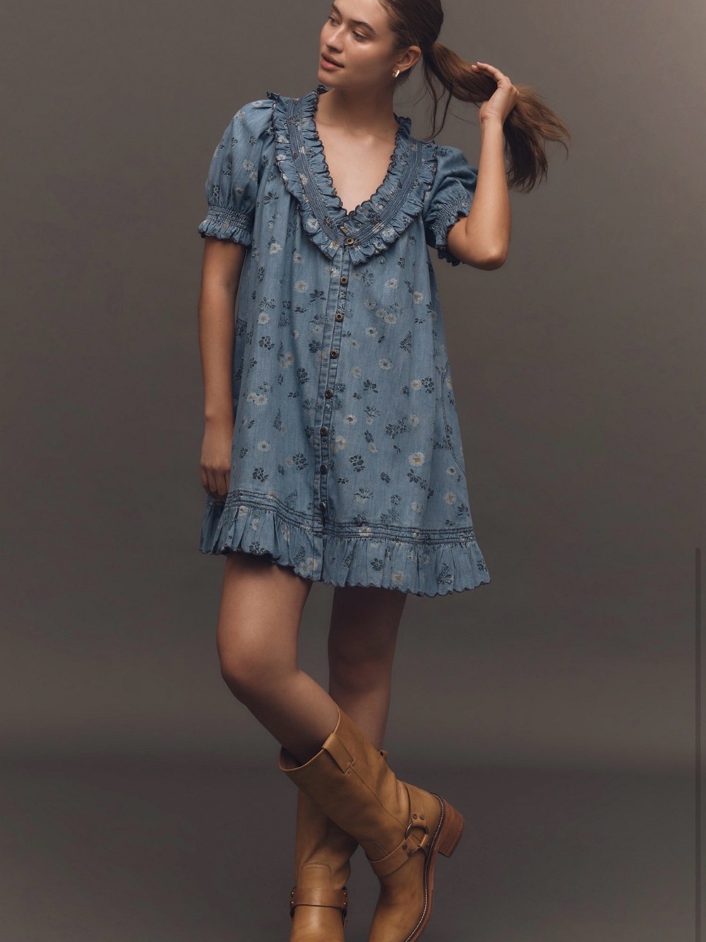 Pilcro Blue Floral Denim-Effect Ruffle Mini Dress